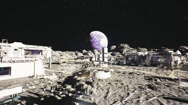 lunar research lab beneath violet globe sterile science modules with drilling rig, sample containers, rover support, microscopes, telemetry arrays