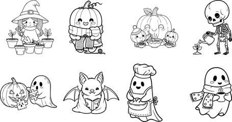Whimsical line of Halloween characters and autumn scenes in outline style Coloring Book page Bundle