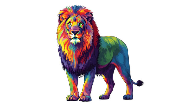 Vibrant, colorful illustration of a majestic lion with a rainbow mane and body, rendered in a dynamic WPAP style.
