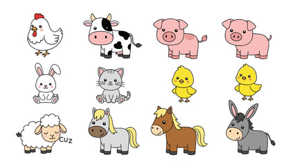 Cute collection of farm animal cartoon characters including a chicken, cow, pig, rabbit, cat, horse, and donkey.
