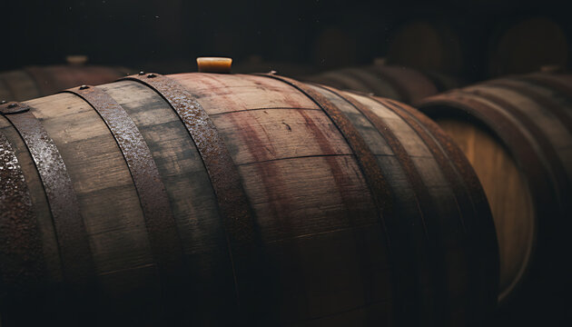 Old wooden wine barrels aging in a dark cellar
