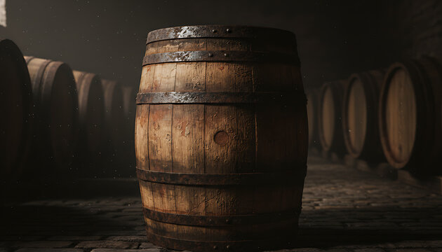Single wooden oak barrel stored in a traditional winery cellar