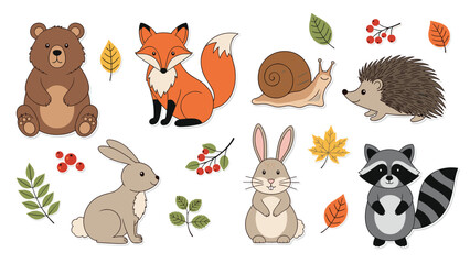 Obraz premium Large set of cute forest animal characters like a bear, fox, hedgehog, and raccoon surrounded by autumn leaves and berries.