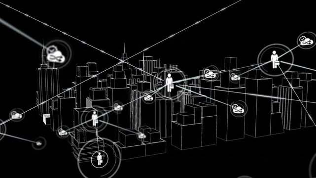Center node rising above wireframe city, spawning tech web linking nodes and clouds to map services