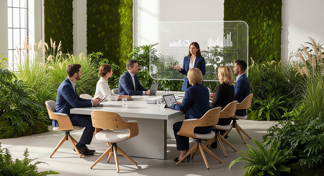 Business Meeting in Modern Conference Room with Natural Light and Greenery.