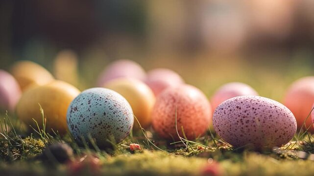 Colorful eggs are placed on the grass during an outdoor event in spring with sunlight shining in the background