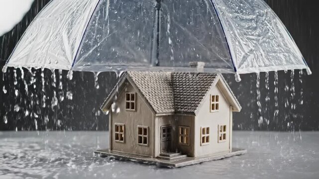 Model house protected by transparent umbrella from falling water droplets, showcasing a creative representation of shelter and protection in a controlled environment