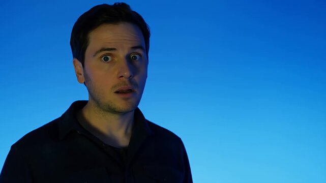 Male faces surprise, shock, confusion, and realization against a bright blue backdrop with facial expressions.