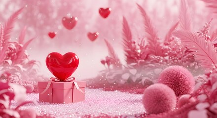 Fototapeta premium Valentines day scene with heart on gift box surrounded by pink flowers and hearts