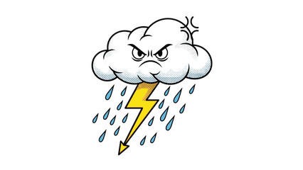 Obraz premium Angry gray storm cloud with mean eyes flashes a yellow lightning bolt through raindrops in a comic book style weather illustration for kids.