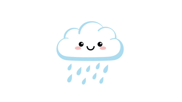Simple and adorable blue cloud with a happy face and falling raindrops is illustrated in a kawaii style for weather and child products.