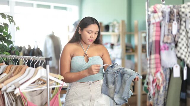 Latin woman in summer clothes chooses denim shorts against the background of the interior of the store. Cuban looking at comfortable denim shorts