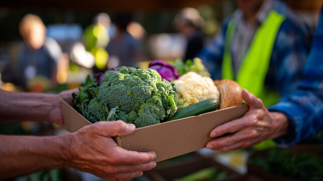A volunteer passing a Thanksgiving meal box full of fresh vegetables, canned foods and bread to another pair of waiting hands, soft daylight shining across the food items, communit