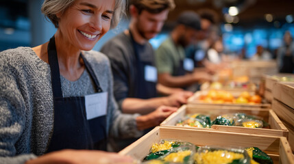Fototapeta premium Residents working together to organize a community food pantry, placing donated groceries into tidy shelves and wooden crates, sunlight highlighting the colorful packaging and prod