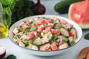 Watermelon and cottage cheese salad served for lunch