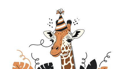 Fototapeta premium Fun cartoon giraffe head wearing a striped party hat among tropical leaves and festive confetti for a birthday celebration.