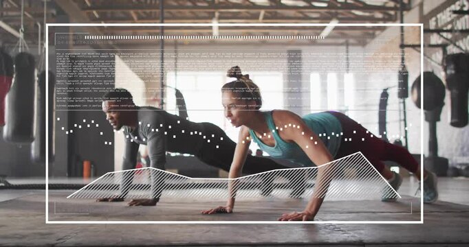 Fitness partners following count, syncing push-ups on warehouse floor, HUD for performance tracking