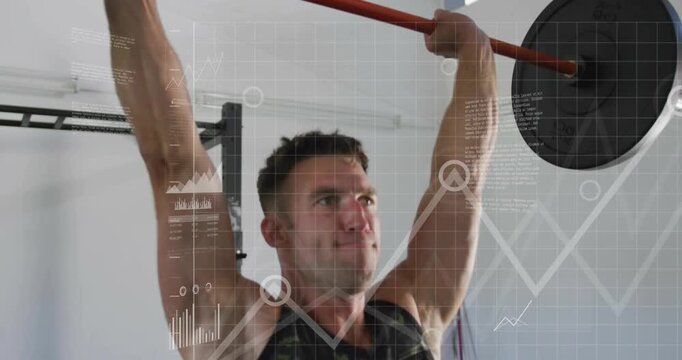 Man initiating front-rack press, pressing bar to lockout then lowering, HUD charts tracking fitness