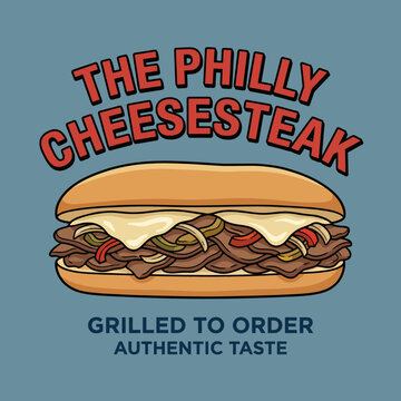 This vibrant graphic highlights a classic Philly cheesesteak sandwich, with grilled meat, cheese, and fresh toppings served on a bun, showcasing an authentic culinary experience.