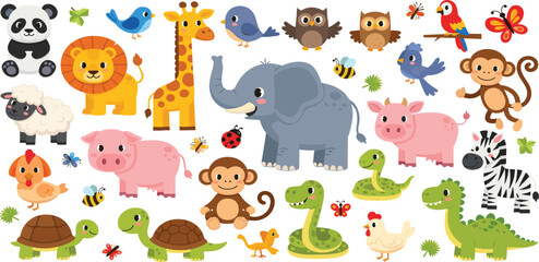 Fototapeta premium Cute cartoon animals big collection set with farm and wild animals birds insects colorful vector illustration for kids design