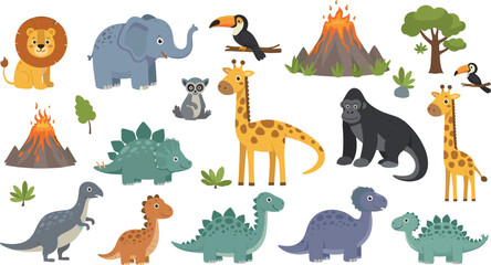 Cute jungle animals and dinosaurs cartoon collection with lion elephant giraffe gorilla volcano tropical wildlife vector set © Momota