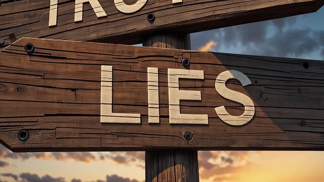 wooden signpost with truth and lies at sunset