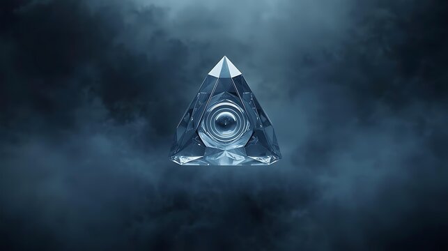 Binaural Beats Solfeggio Frequencies Intricate Crystal Pyramid with Mystical Glow Surrounded by Dark Ethereal Clouds