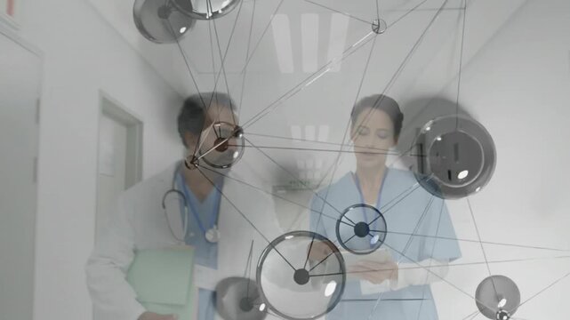 Med nurse and doctor reviewing clinical data while walking hall nodes moving over steth and tablet