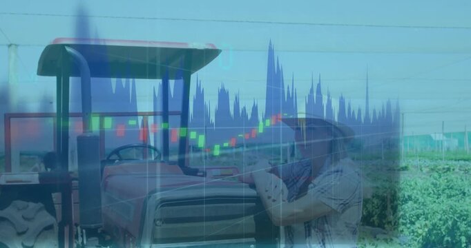 Woman leaning on tractor as data driving translucent waveform+candles sweeping varying for farming