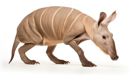 Brown aardvark with elongated snout foraging posture and striped back under neutral lighting