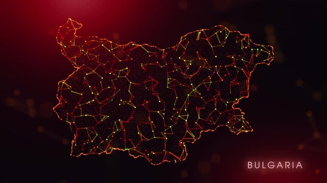 A dynamic motion video showcasing the Bulgaria country border through a colorful plexus reveal. Glowing red and orange dots represent high-tech data communication and global digital networks.