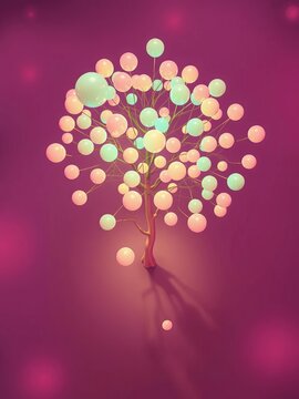 Floating pastel orbs coalesce into a serene binary tree, captured in a top-down, serene gaze,  dreamy,  orbs