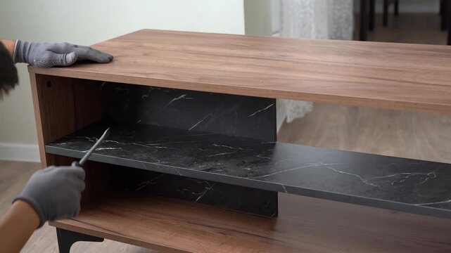 Furniture assembler assembles wooden nightstand using screwdriver at home. Process of assembling furniture