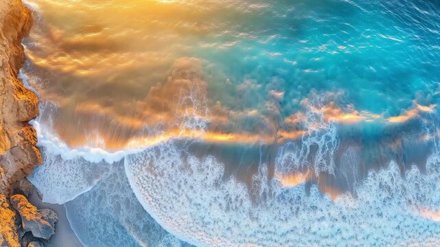 Aerial view of waves flow onto a sandy beach as the sun sets, creating colorful patterns in the water