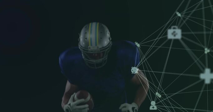 Player starting sprint leaning forward, clutching ball, nodes linking shoulder, showing sports data