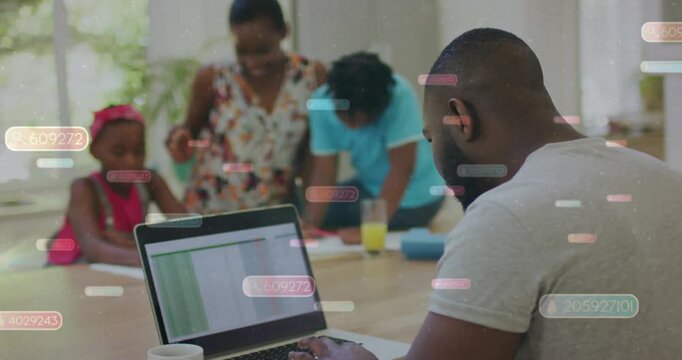 Dad typing spreadsheet and starting HUD overlay highlighting papers, mom guiding kids for education