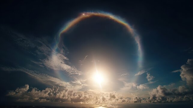 Vibrant solar halo encircling the bright sun amidst scattered clouds in the daytime sky, a stunning atmospheric spectacle.
