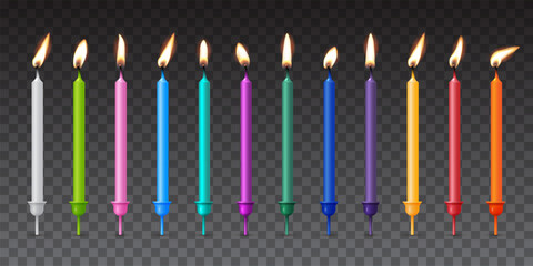 Fototapeta premium Birthday candles for cake. 3d birthday candles with different colors and glowing flames. Colorful party decoration elements for happy celebration. Festive realistic vector illustration.