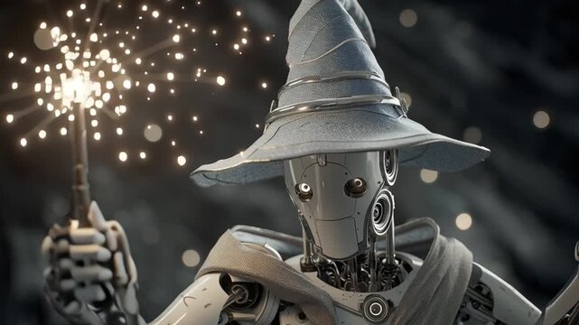 Robot wizard casting spells with magic wand in a dark fantasy setting
