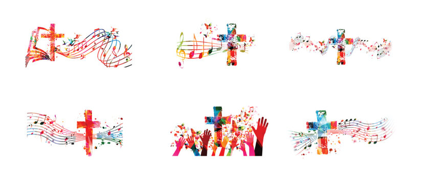 Colorful christian cross with music notes isolated vector illustration. Religion themed background. Design for gospel church music, choir singing, concert, festival, Christianity, prayer