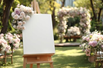 Naklejka premium Blank canvas on easel decorated for garden wedding