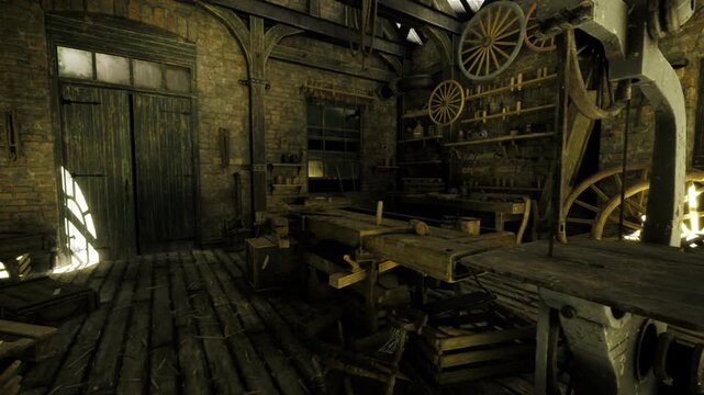 bright rustic studio space ideal for makers and small teams, open benches, natural light through windows, flexible layout for woodworking or metalwork, ready