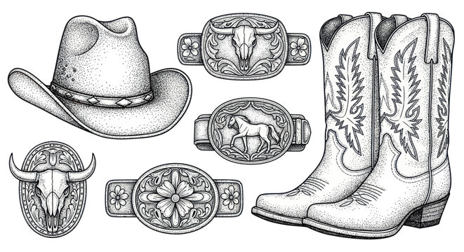 Western Cowboy Gear Illustration: Hat, Boots, Belt Buckles, Bull Skull