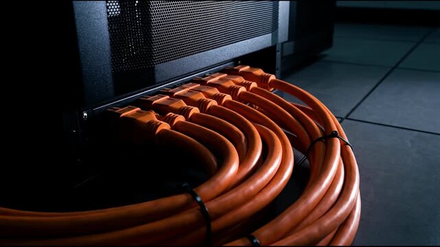 Ethernet cables connected to server rack in a data center, symbolizing network connectivity and big data transfer
