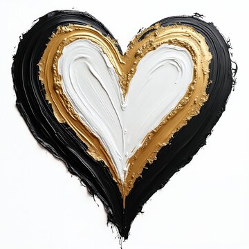 Textured heart art with black gold and white paint layers. Abstract oil brush strokes on white backdrop. Love symbol art, luxury Valentine design.