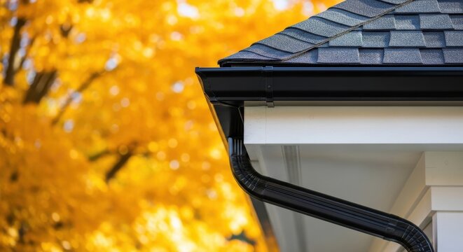 Black gutter system and grey roof shingles on a house with golden autumn tree background