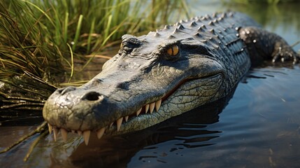Obraz premium Close-Up View of an Alligator's Head Emerging from Murky Water Near Reeds and Grass