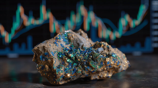 Macro shot of polished mineral ore reflecting light, translucent green and blue market charts floating above, cinematic focus on the value of raw materials and global mining indust