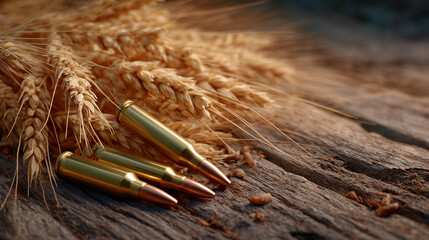 Obraz premium Detailed macro of rifle bullets lying next to golden wheat grains on a rough wooden table, soft directional light emphasizing contrast, concept of armed conflict threatening global