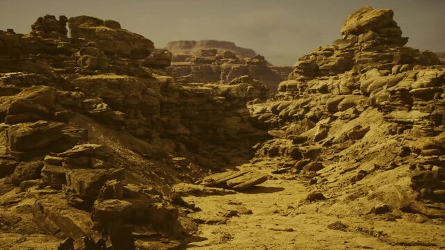 arid valley showing layered strata and weathered formations, exposed sediments, scattered fossils, survey markers and field textures, scientific mood suited